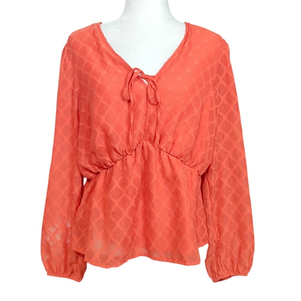 Elizabeth and James Coral Orange Textured Peplum Blouse Top Boho Breezy‎ Large